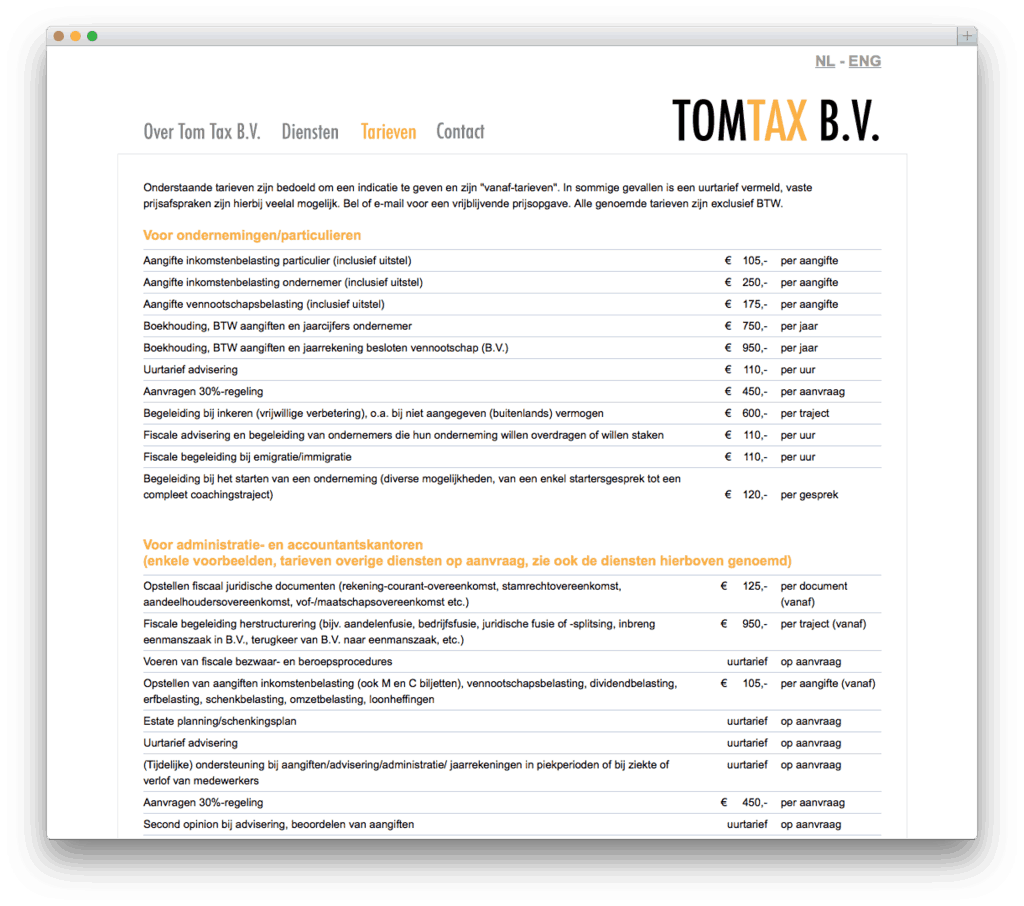 Tom Tax B.V. website voorbeeld